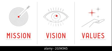 Mission, vision, values concept - three icons - vector illustration Stock Vector