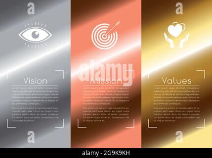 Mission, vision, values concept - three icons - vector illustration Stock Vector