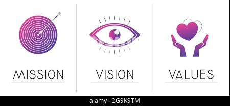 Mission, vision, values concept - three icons - vector illustration Stock Vector