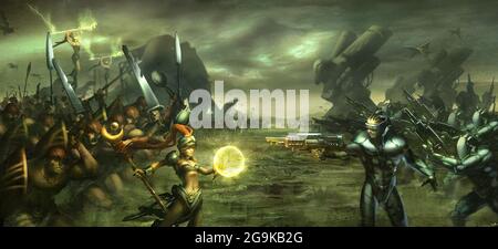 digital illustration of fantasy science fiction character in war battle against each other landscape environment Stock Photo