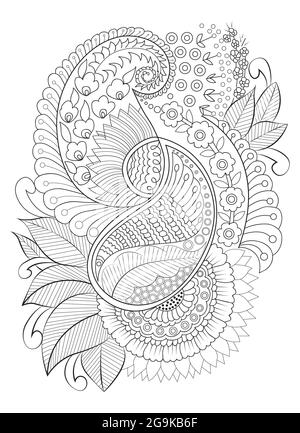 Adult Flower Coloring page for drawing. Floral print flower branch Pro Vector Stock Vector