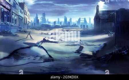 digital illustration of destroyed abandoned ruin city landscape view environment Stock Photo