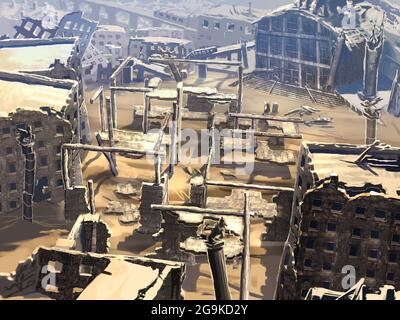 digital illustration of destroyed abandoned ruin city landscape view environment Stock Photo