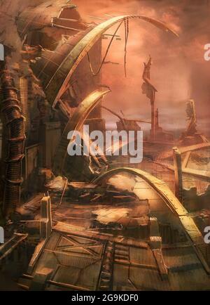 digital illustration of destroyed abandoned city street view environment landscape Stock Photo