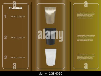 Aluminum zip bag product brochure with 3 flavors. Food packaging mockup template Vector and illustration design. Stock Vector