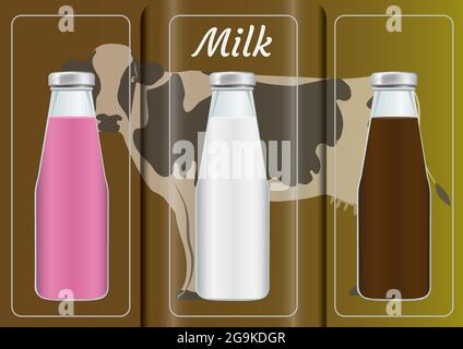 Milk daily product template in 3 flavors (strawberry, natural, chocolate). Brochure, banners, posters with cow in background for natural farm product. Stock Vector