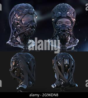 3d rendered digital generated mix media concept design of sci fi futuristic science fiction robotic ninja character asian badass helmet cyber cybernet Stock Photo