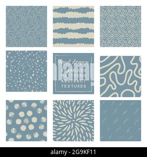 dusty blue doodle patterns collection with simple hand drawn elements. Stock Vector