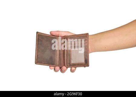 Empty wallet in hand isolated on white background with clipping path Stock Photo