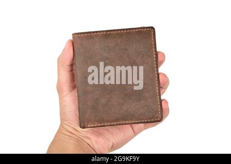 Brown Leather Wallet In Hand Isolated On White Background With Clipping Path Stock Photo