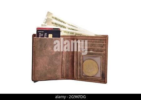 Indian Rupees and Credit Card In Leather Wallet Isolated On White Background With Clipping Path Stock Photo