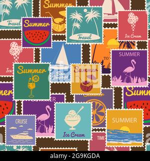 Postage stamps seamless pattern Summer vacation. Retro background signs travel exotic tour. Vector illustration background vintage style for wallpaper Stock Vector