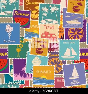 Postage stamps seamless pattern Summer vacation. Retro background signs travel exotic tour. Vector illustration background vintage style for wallpaper Stock Vector