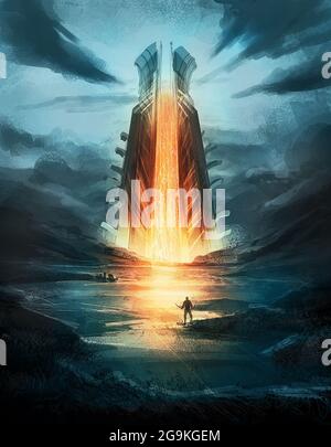 digital illustration of fantasy fiction medieval environment landscape concept background Stock Photo