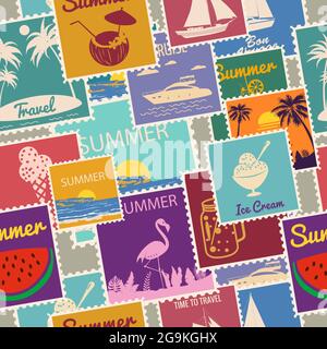 Postage stamps seamless pattern Summer vacation. Retro background signs travel exotic tour. Vector illustration background vintage style Stock Vector