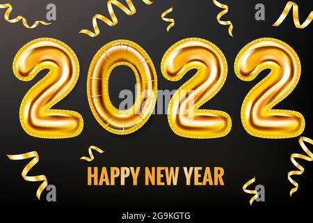 2022 Happy New Year Gold balloons. Gold foil numerals with confetti, ribbons, poster, banner. Vector realistic 3D illustration Stock Vector