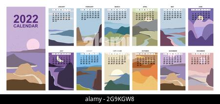 2022 Calendar Planner abstract minimalist contemporary landscape natural backgrounds. Monthly template for diary business. Week Starts Sunday. Vector Stock Vector