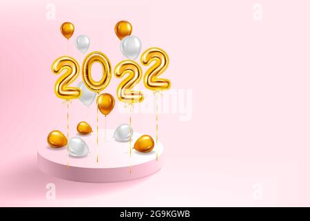 Happy New Year 2022 Gold balloons, stage podium. Golden foil numerals, balloons with, confetti, ribbons, poster, banner. Vector realistic 3D Stock Vector
