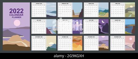 2022 Calendar Planner abstract minimalist contemporary landscape natural backgrounds. Monthly template for diary business. Week Starts Sunday. Vector Stock Vector