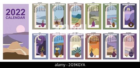 2022 Calendar Planner abstract minimalist contemporary landscape natural window backgrounds. Monthly template for diary business. Week Starts Sunday Stock Vector