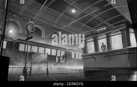 digital illustration of fantasy scene of train station platform at night Stock Photo