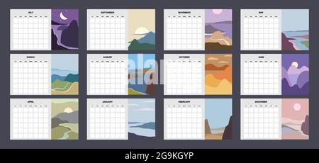 Calendar Planner abstract minimalist contemporary landscape natural backgrounds. Monthly template for diary business. Week Starts Sunday. Vector Stock Vector