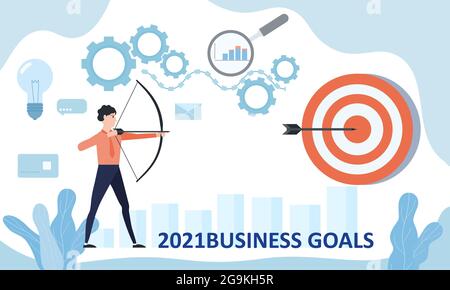 Businessman leader archer aiming shooting at a target 2021 year. Business achievement focus consept successful. Vector illustration isolated banner Stock Vector