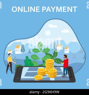 Online payment, internet money tansfer. Man buyer, smartphone, stacks coins, isometric. Concept mobile Ecommerce, shopping online illustration Stock Vector