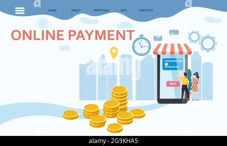 Online payment, internet money tansfer. Man and woman buyers, smartphone, stacks coins. Concept mobile Ecommerce, shopping online illustration Stock Vector
