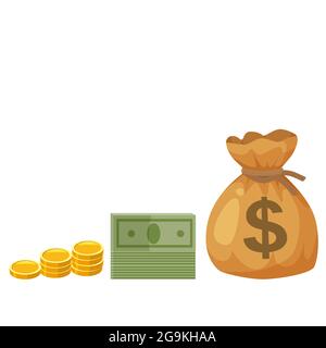 Bag full money with dollar sign, gold coins, paper money. Cartoon style vector illustration Stock Vector