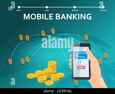 Mobile internet banking isometric. Hand hold smartphone, stacks coins, isometric. Concept mobile Ecommerce, shopping online illustration Stock Vector