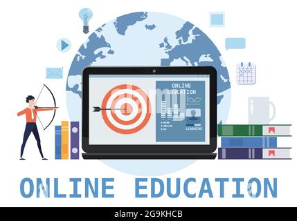 Student character archer select aim online education at home at computer. Web seminar, internet classes, professional courses, E-education. Flat Stock Vector