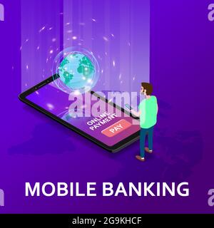 Mobile internet banking isometric. Man smartphone, money transaction technology, mobile payment e-commerce concept. Vector illustration Stock Vector