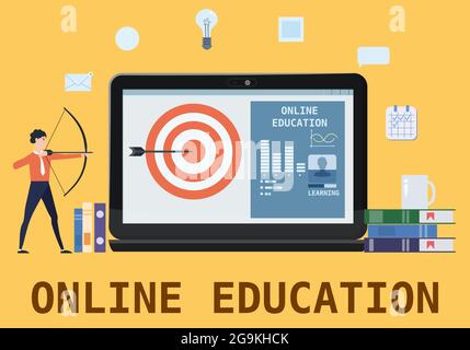 Student character archer select aim online education at home at computer. Web seminar, internet classes, professional courses, E-education. Flat Stock Vector