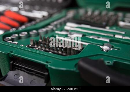Closeup toolkit set of manual tools in box Stock Photo