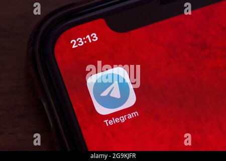 Tashkent, Uzbekistan - 15 July, 2021: Telegram mobile application on iPhone smartphone screen. Free and open source, cross-platform, cloud-based Stock Photo