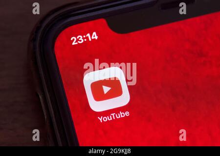 Tashkent, Uzbekistan - 15 July, 2021: Youtube mobile application on iPhone smartphone screen Stock Photo