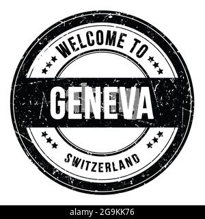 WELCOME TO GENEVA - SWITZERLAND, words written on black round coin stamp Stock Photo