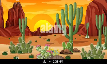 Desert forest landscape at sunset time scene with wild animals ...