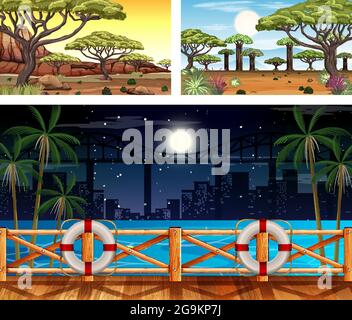 Set of different forest horizontal scenes illustration Stock Vector