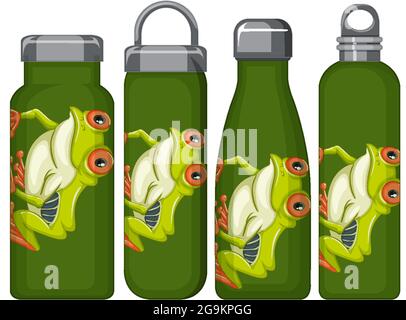 Set of different thermos bottles with frog pattern illustration Stock Vector