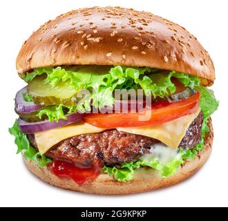 Delicious hamburger with beef cutlet, vegetables and onions isolated on a white background. Fast food concept. Stock Photo