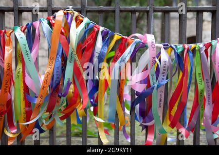 St Leonards Hospice Rainbow Ribbons on Fence (Celebrating or remembering someone special) in York, UK Stock Photo