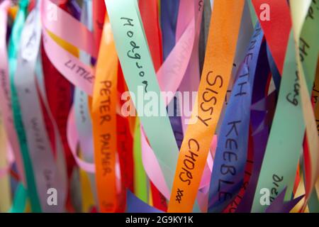 St Leonards Hospice Rainbow Ribbons on Fence (Celebrating or remembering someone special) in York, UK Stock Photo