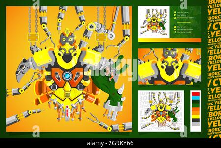 Cyborg Mascot Concept, Vector Illustration with business card, sticker and pattern elements isolated on green gradient background Stock Vector