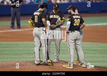 San Diego Padres pitcher Yu Darvish (11) meets with teammates on the mound during an MLB regular season game against the Miami Marlins, Sunday, July 2 Stock Photo