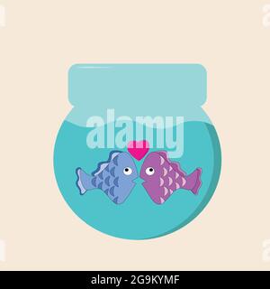 a pair of two fish in love pink and blue look at each other hearts fly above them in a round aquarium on monochrome Stock Vector