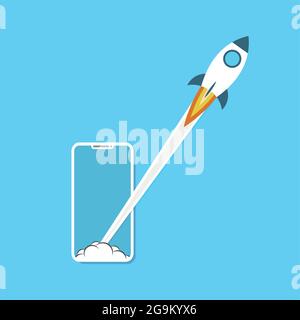 Launch app concept on smartphone on blue. Stock vector Stock Vector