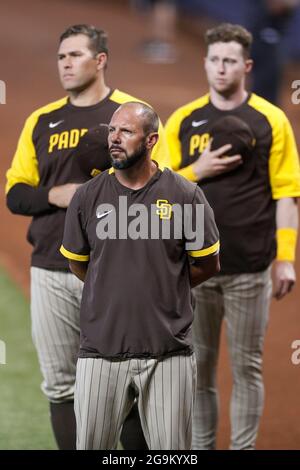 San Diego Padres manager Jayce Tingler watches from the dugout during ...