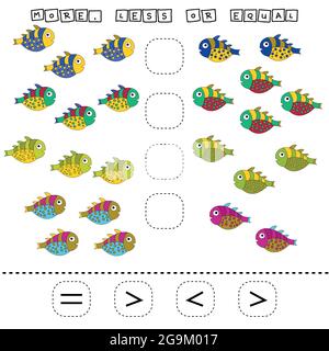 Which is greater, less or equal game with funny fishes. Worksheet for preschool kids, kids activity sheet, printable worksheet Stock Vector